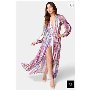 Bebe Deep V Printed Plunging Maxi Dress/Concealed Shorts in First Impression, S